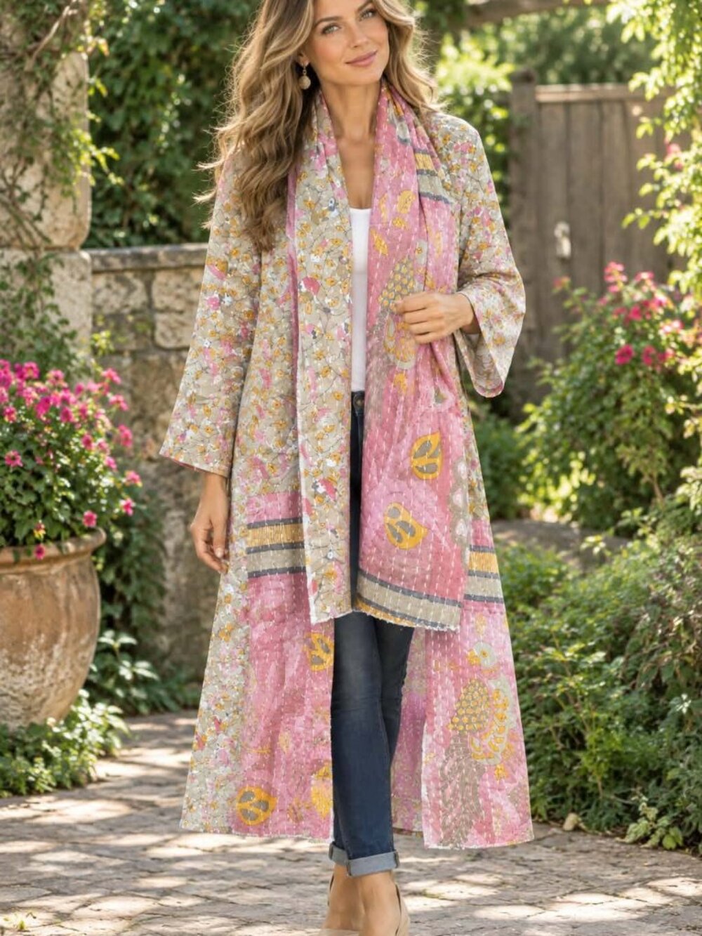 Women Handmade One Of A Kind Kantha Duster w Birds Open Front Kimono & Scarf!